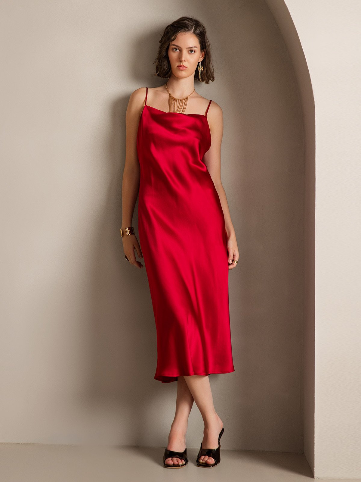 [Wine] SilkSilky-AU Pure Silk Sleeveless Cowl Neck Dress 004