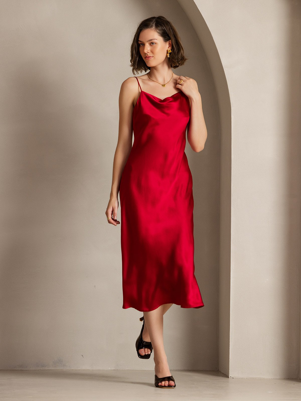 [Wine] SilkSilky-AU Pure Silk Sleeveless Cowl Neck Dress 005