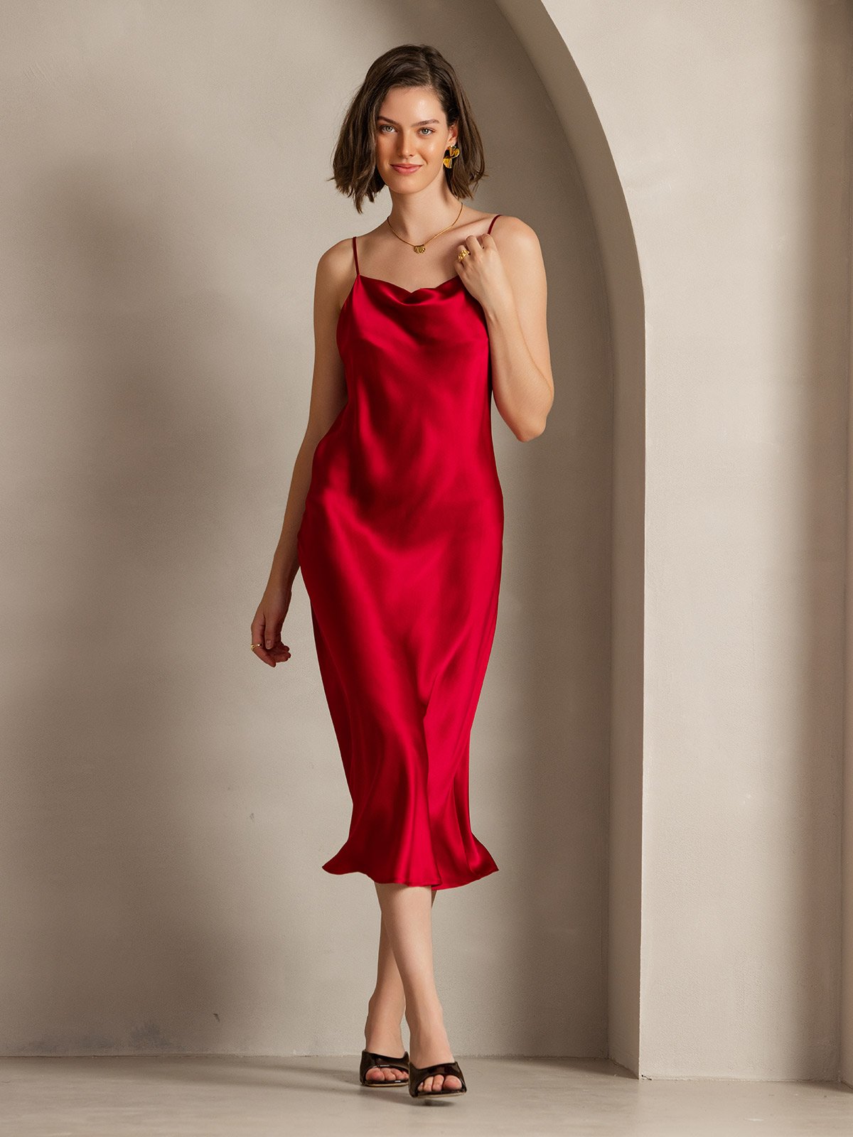 [Wine] SilkSilky-AU Pure Silk Sleeveless Cowl Neck Dress 006