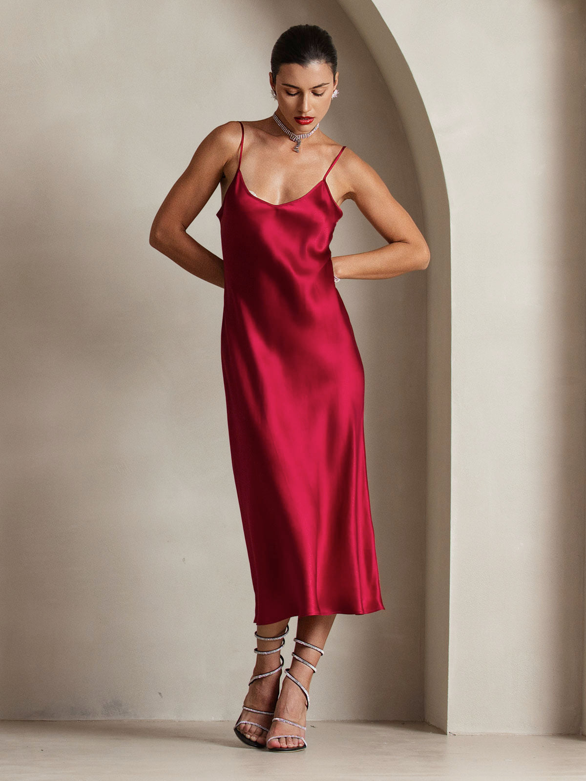 [Wine] SilkSilky-AU Pure Silk Sleeveless Round Neck Dress 003