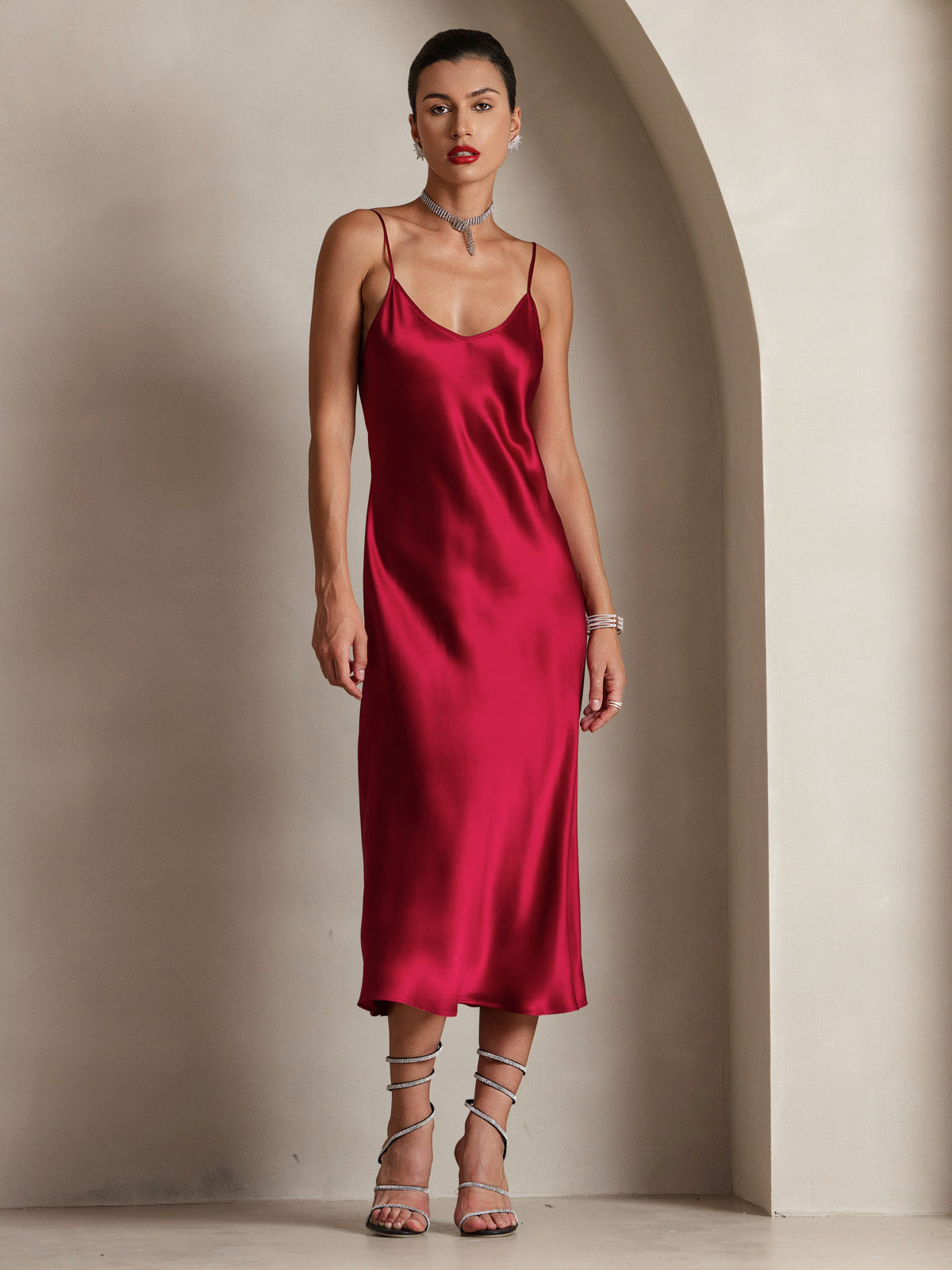[Wine] SilkSilky-AU Pure Silk Sleeveless Round Neck Dress 004