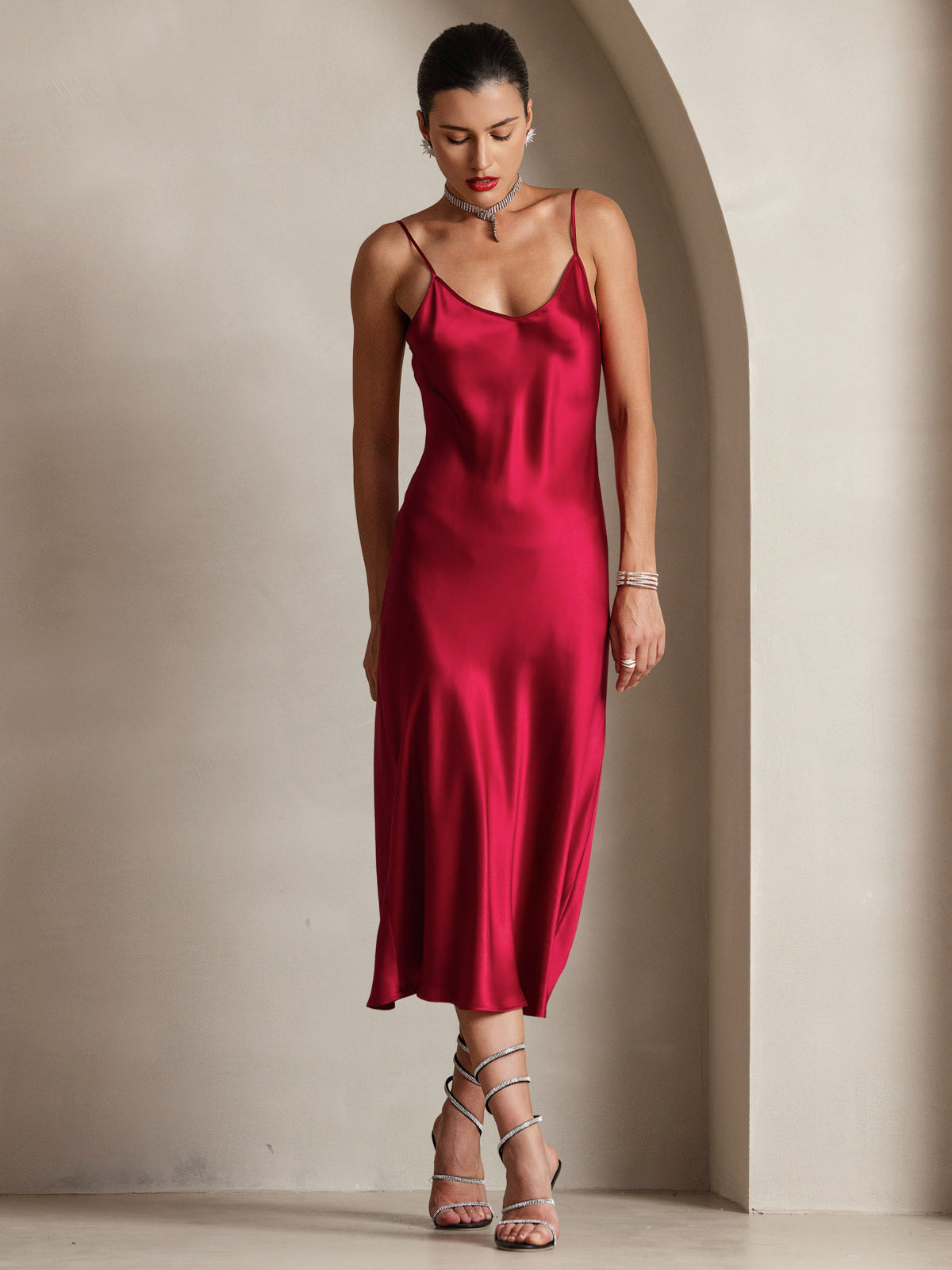 [Wine] SilkSilky-AU Pure Silk Sleeveless Round Neck Dress 005