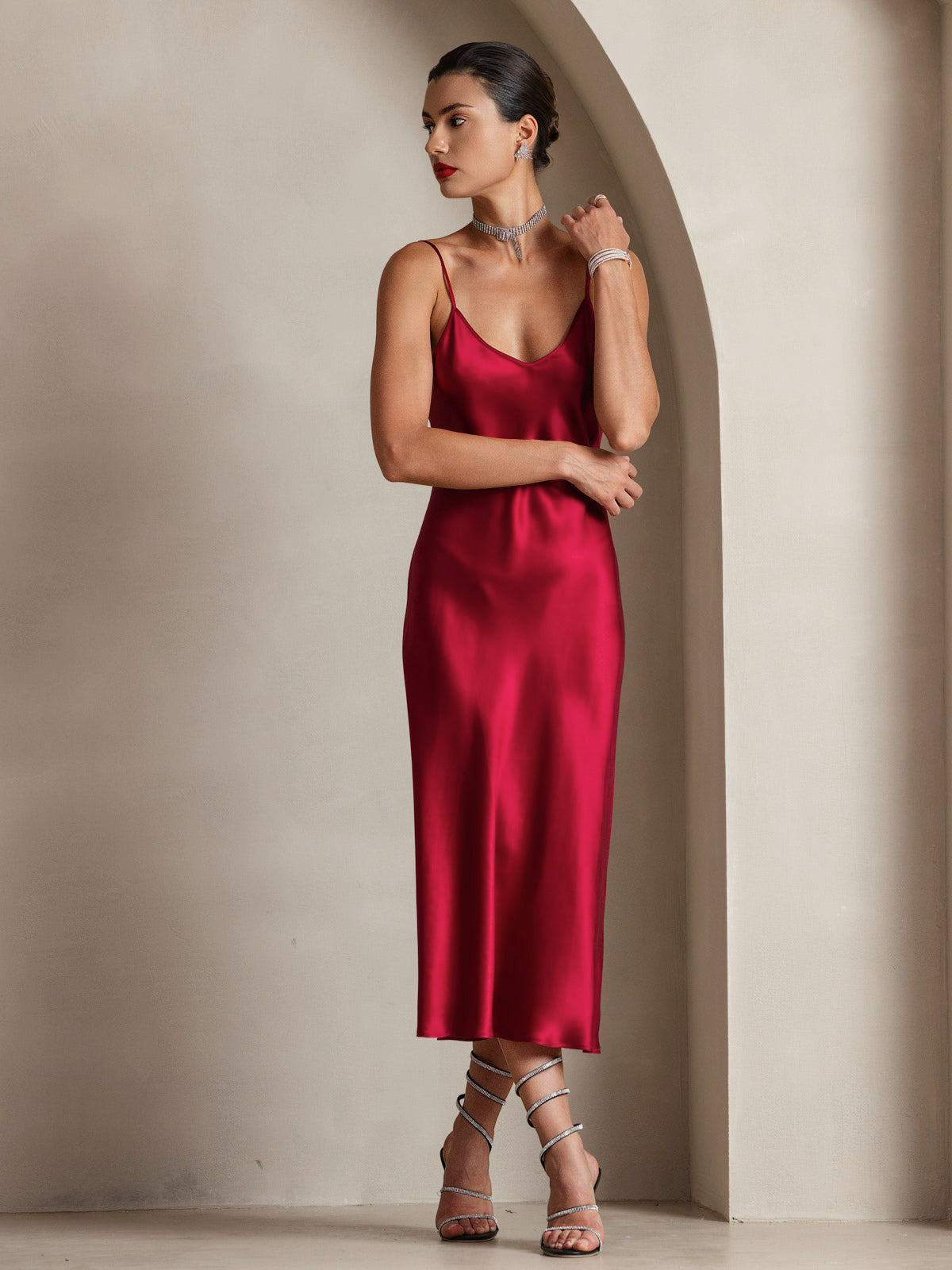 [Wine] SilkSilky-AU Pure Silk Sleeveless Round Neck Dress 006