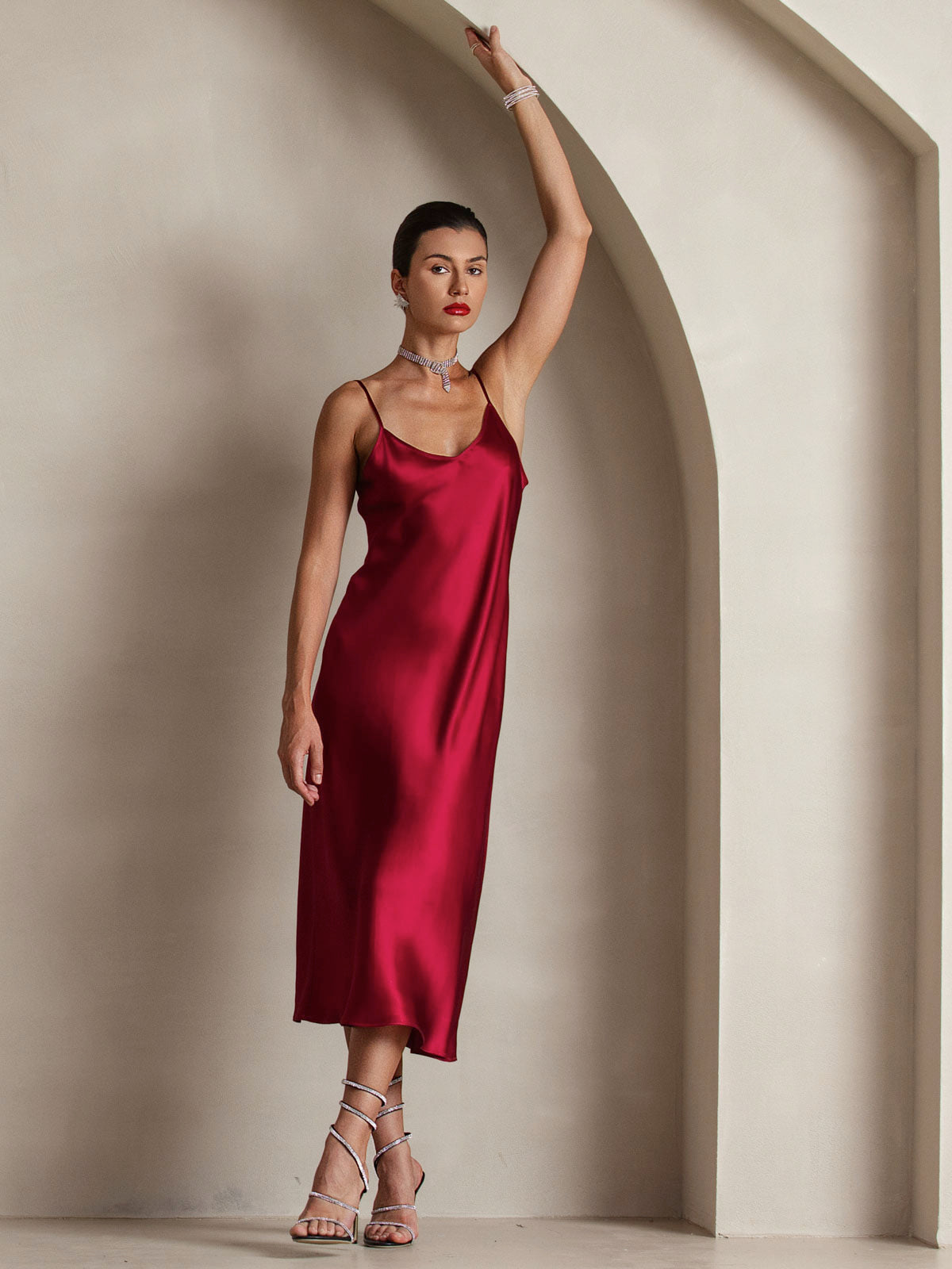 [Wine] SilkSilky-AU Pure Silk Sleeveless Round Neck Dress 007