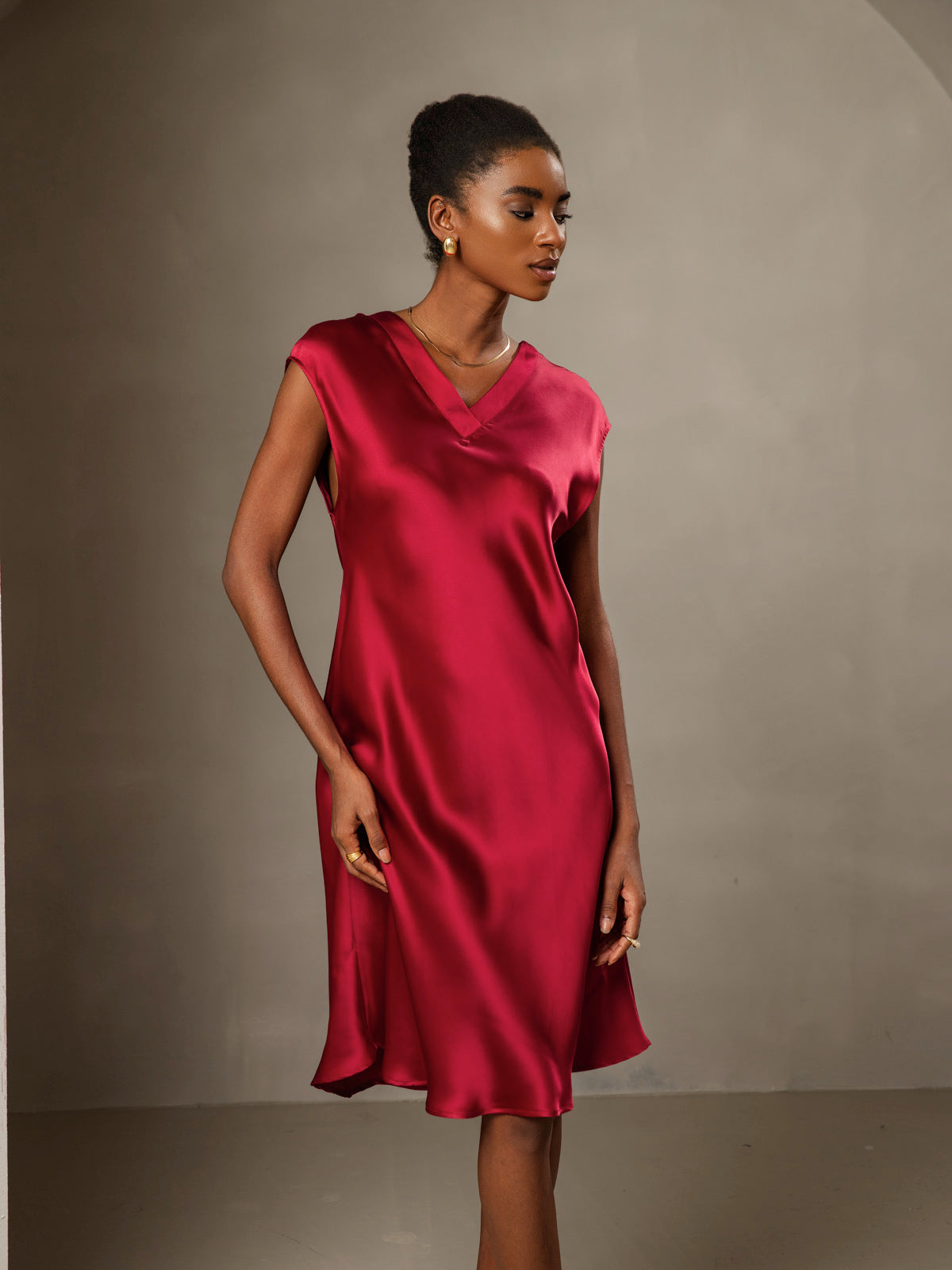 [Wine] SilkSilky-AU Pure Silk Sleeveless V Neck Dress 001