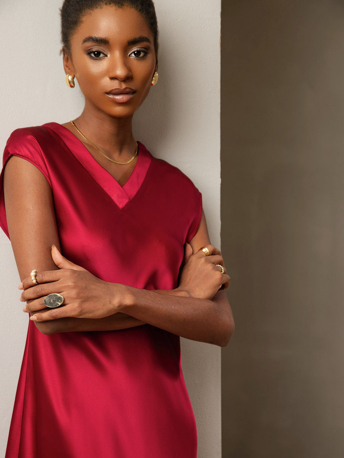 [Wine] SilkSilky-AU Pure Silk Sleeveless V Neck Dress 003