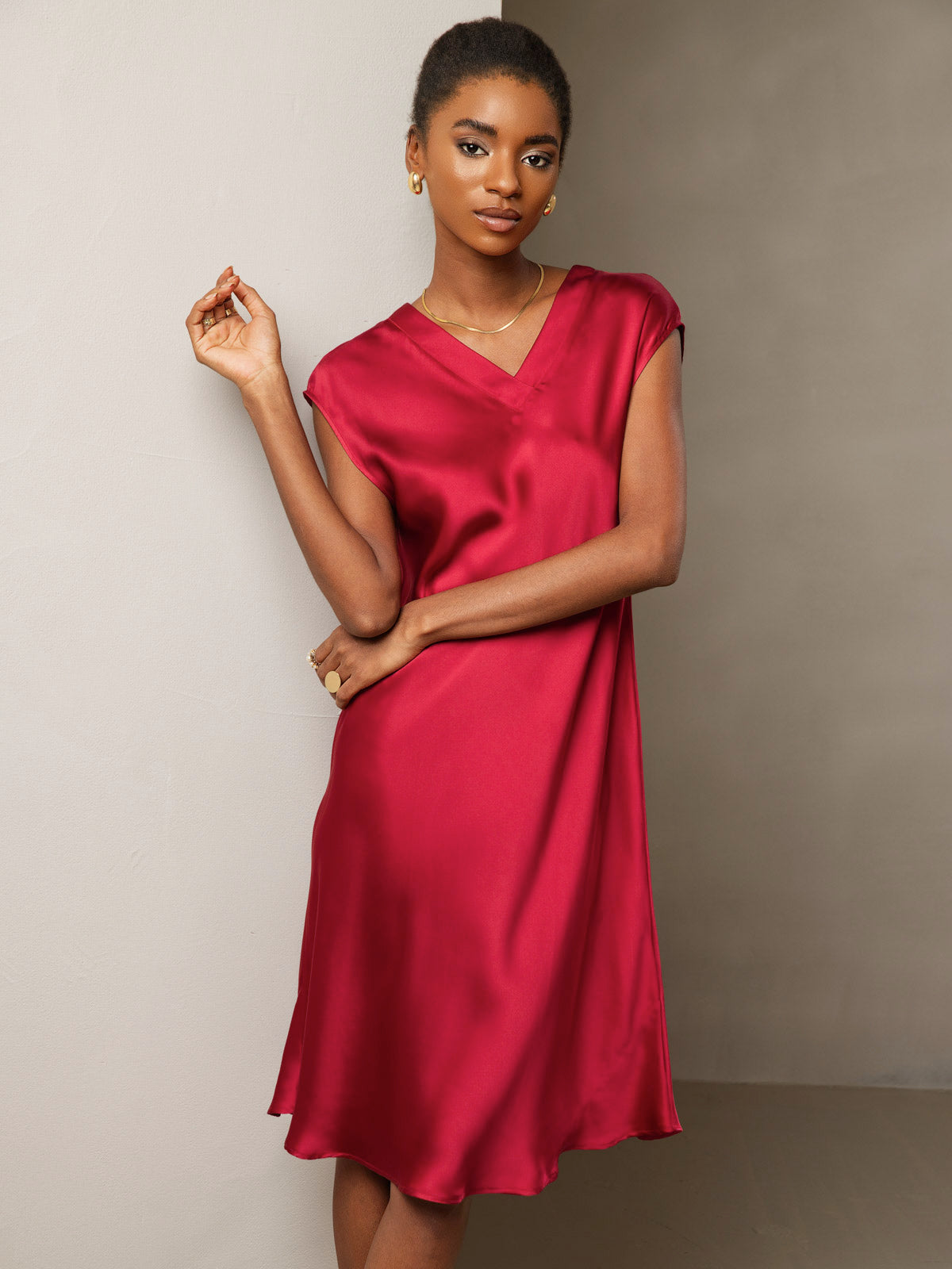 [Wine] SilkSilky-AU Pure Silk Sleeveless V Neck Dress 004