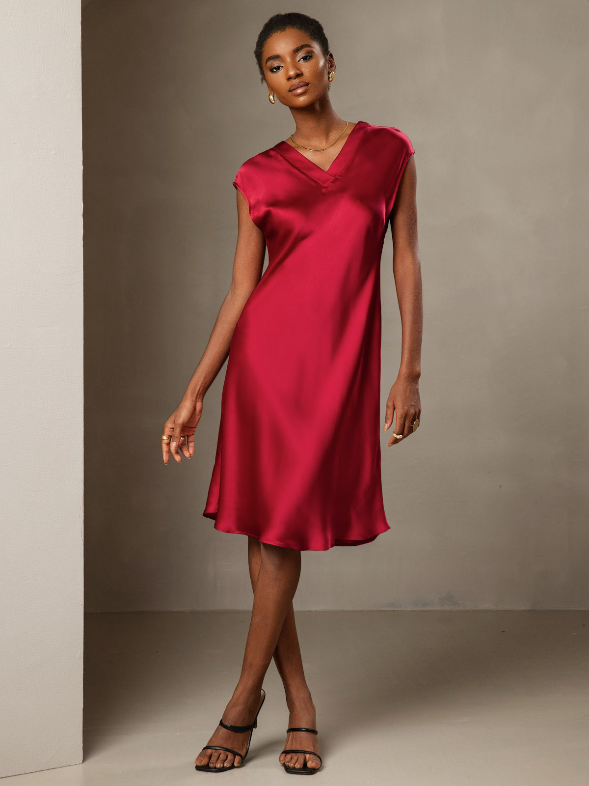 [Wine] SilkSilky-AU Pure Silk Sleeveless V Neck Dress 005
