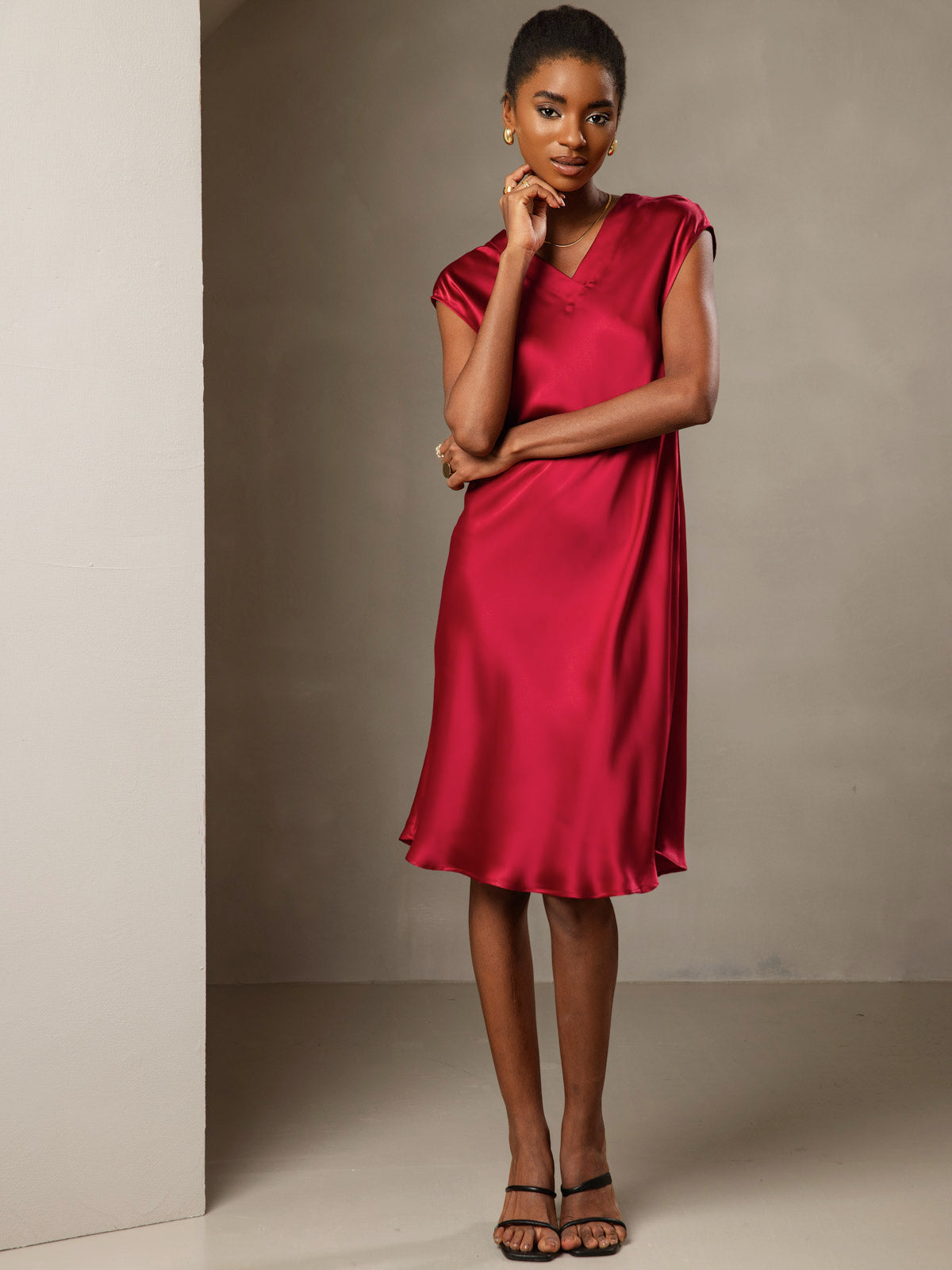 [Wine] SilkSilky-AU Pure Silk Sleeveless V Neck Dress 006