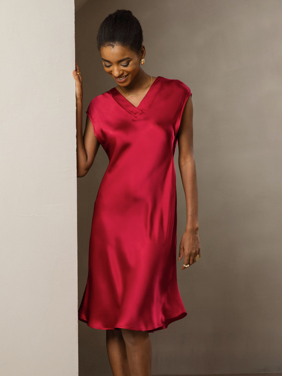 [Wine] SilkSilky-AU Pure Silk Sleeveless V Neck Dress 007
