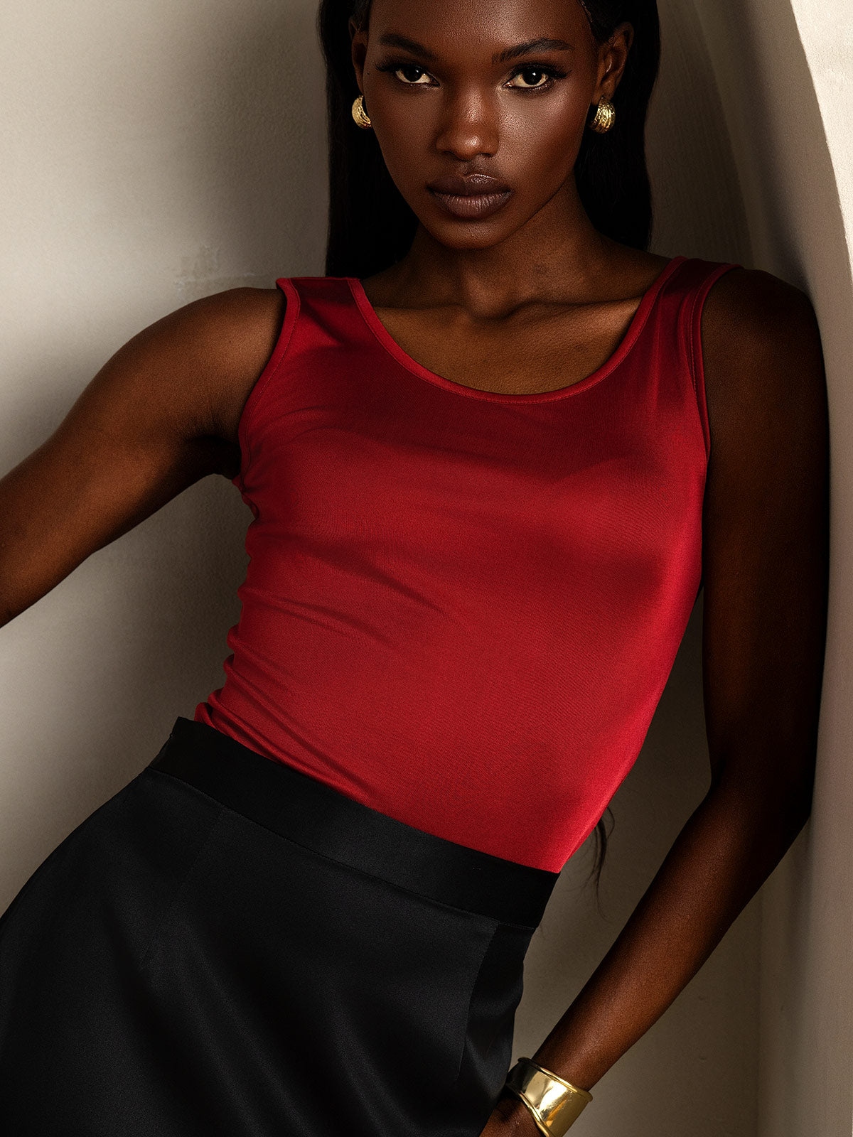 [Wine] SilkSilky-AU Silk Knitted Sleeveless Round Neck Women's T-Shirt 003