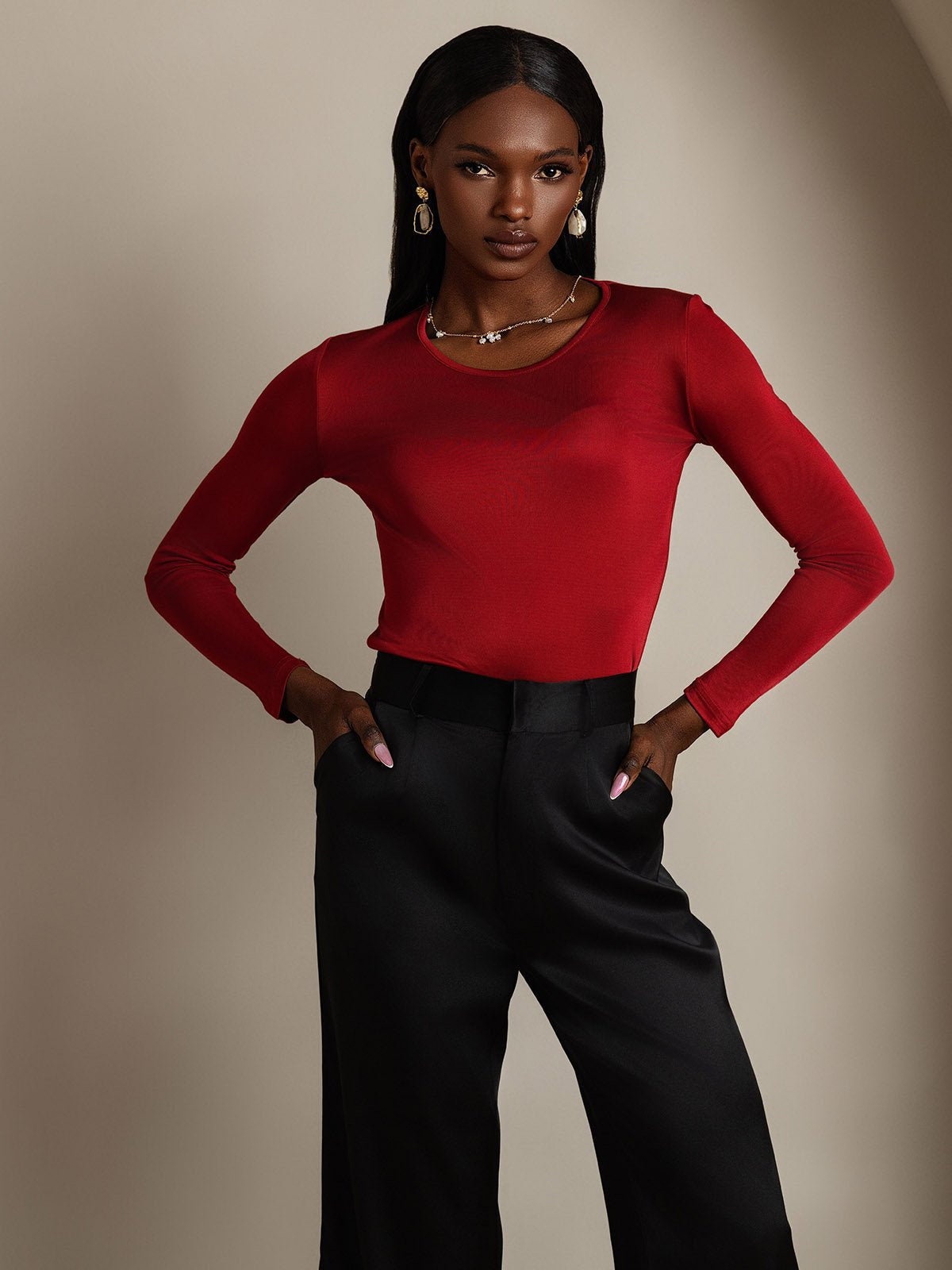 [Wine] SilkSilky-AU Silk Long Sleeve Round Neck Women's T-Shirt 001
