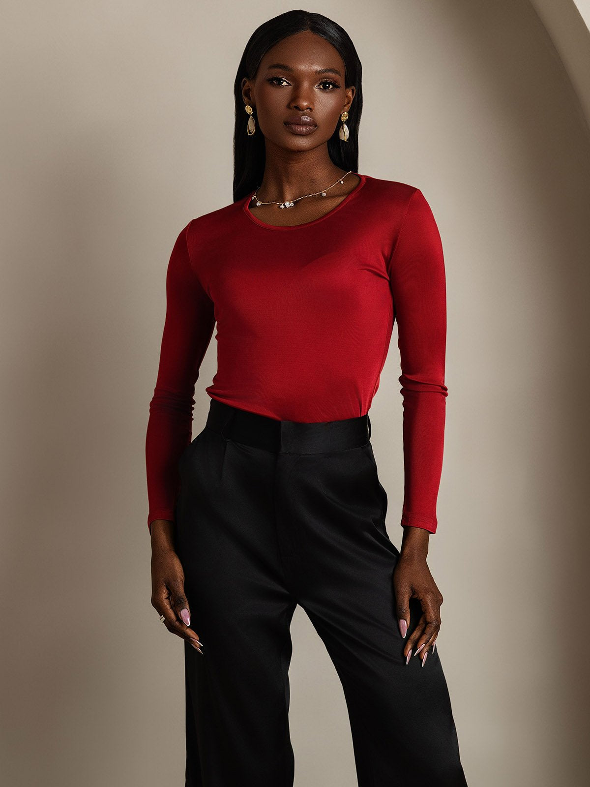 [Wine] SilkSilky-AU Silk Long Sleeve Round Neck Women's T-Shirt 003