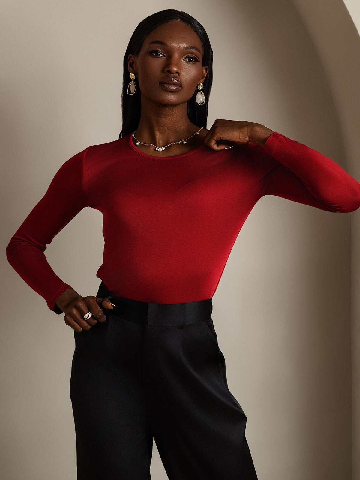 [Wine] SilkSilky-AU Silk Long Sleeve Round Neck Women's T-Shirt 004
