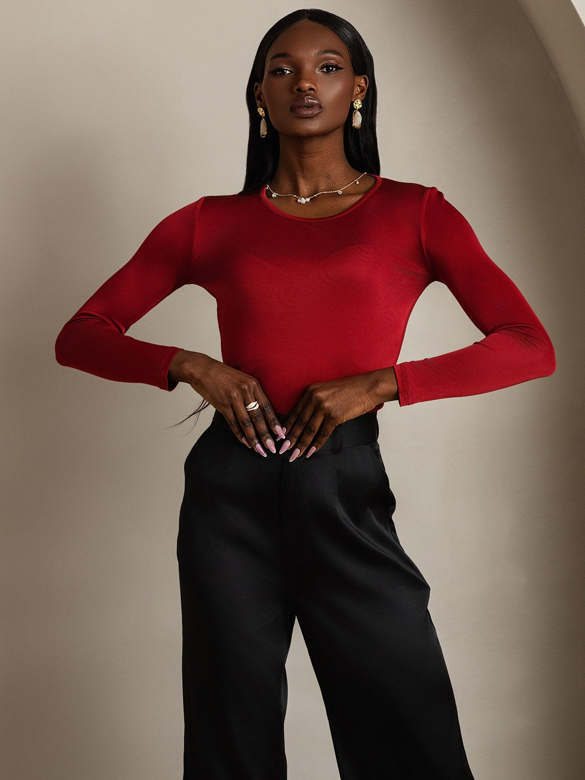 [Wine] SilkSilky-AU Silk Long Sleeve Round Neck Women's T-Shirt 005