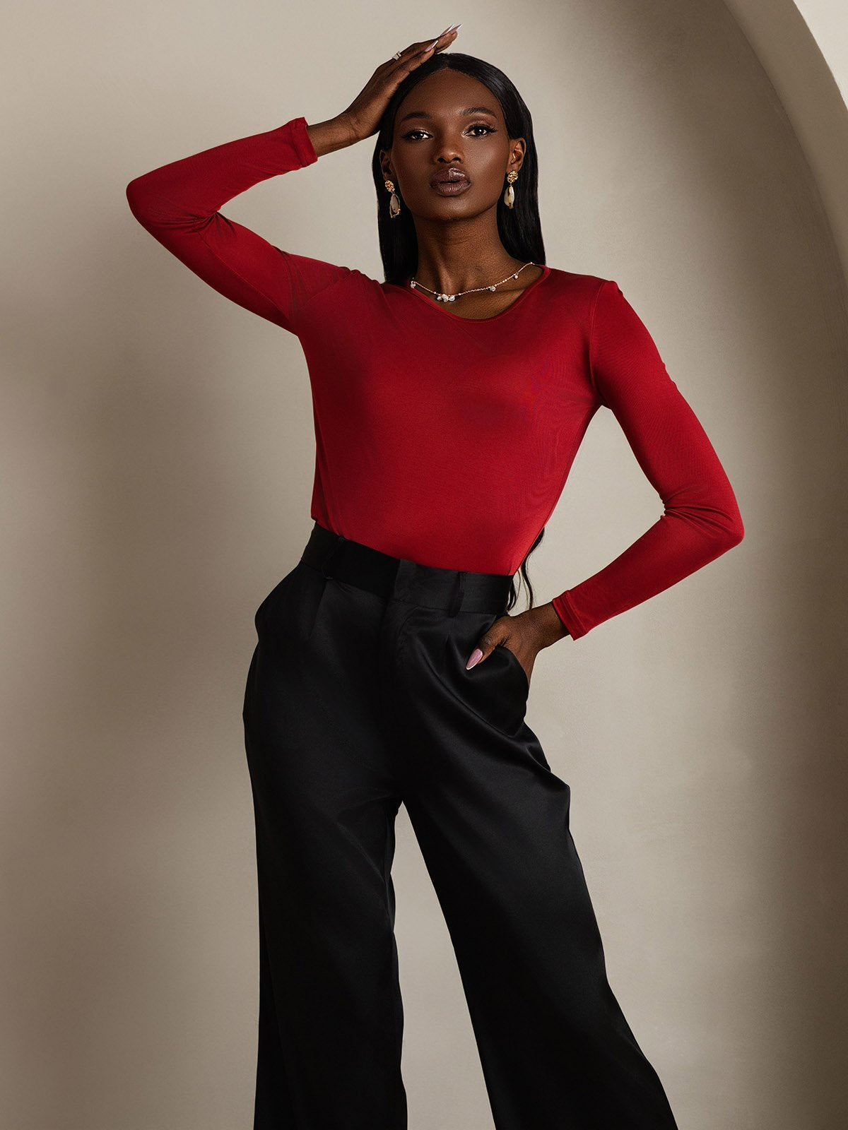 [Wine] SilkSilky-AU Silk Long Sleeve Round Neck Women's T-Shirt 006