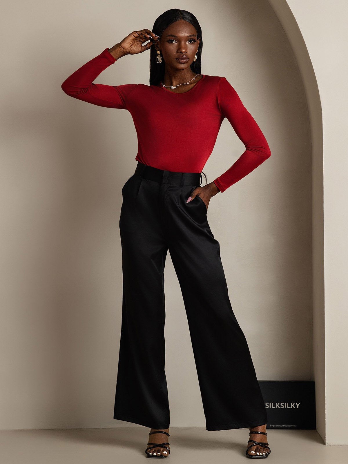 [Wine] SilkSilky-AU Silk Long Sleeve Round Neck Women's T-Shirt 007