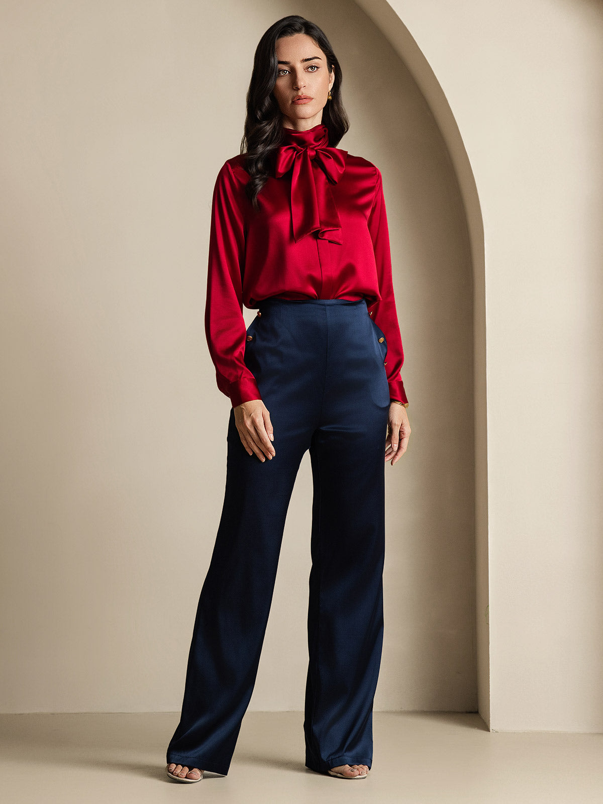 [Wine] SilkSilky-AU 19Momme Silk Long Sleeve High Neck Blouse 007