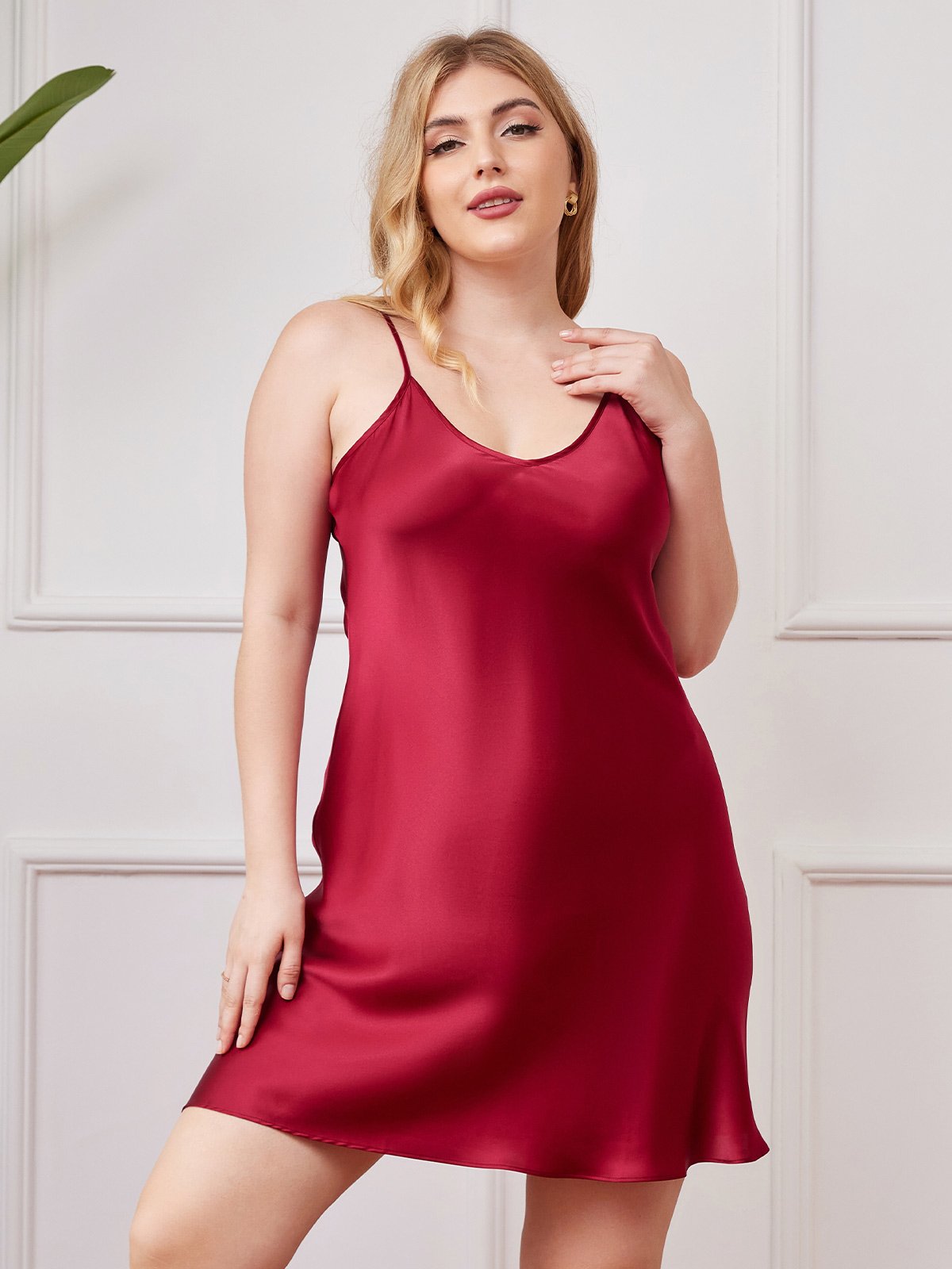 [Wine] SilkSilky-AU Spaghetti Strap V Neck Plus Size Dress 001