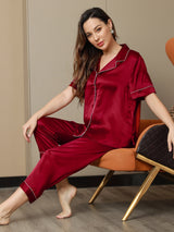 [Wine] SilkSilky-AU Short Sleeve Notch Collar Women's Pyjamas 003