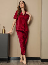 [Wine] SilkSilky-AU Short Sleeve Notch Collar Women's Pyjamas 005