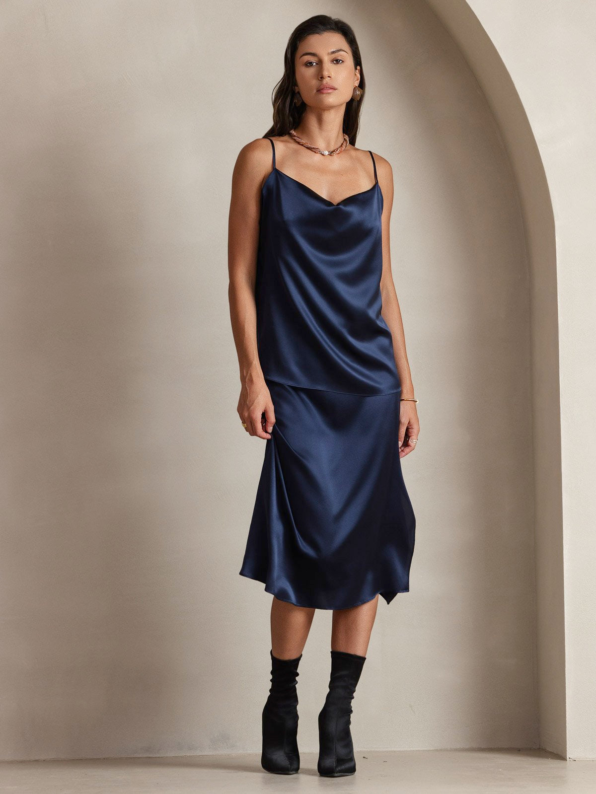 [Dark Blue] SilkSilky-AU 19Momme Silk Spaghetti Strap Cowl Neck Camisole 007