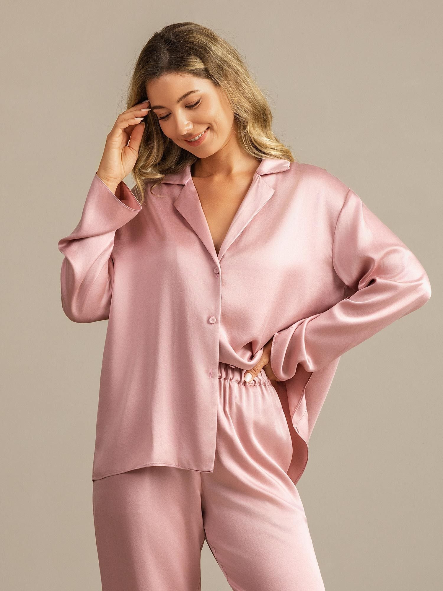 [Peach Skin] SilkSilky-AU 19Momme Machine-Washable Silk Long Sleeve Notch Collar Women's Pyjamas 007