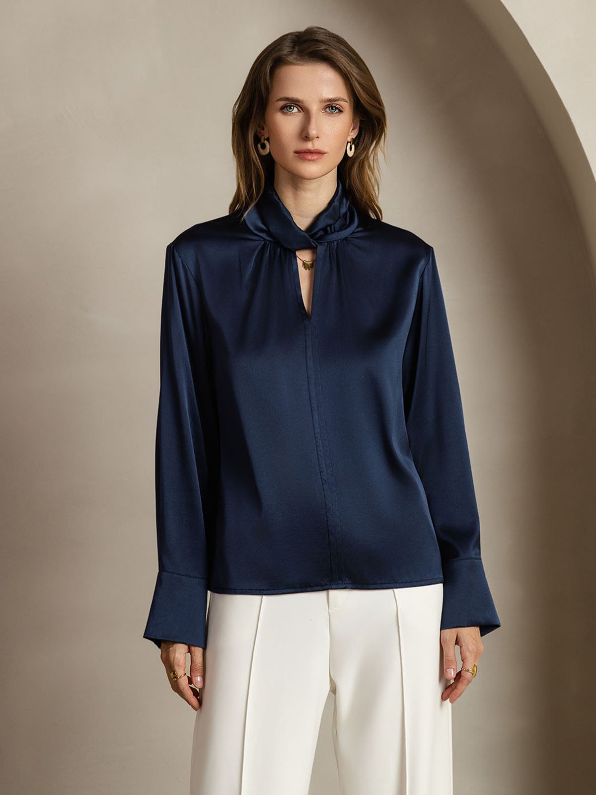 [DarkBlue] SilkSilky-AU 19Momme Silk Keyhole Neck Women's Shirt 001