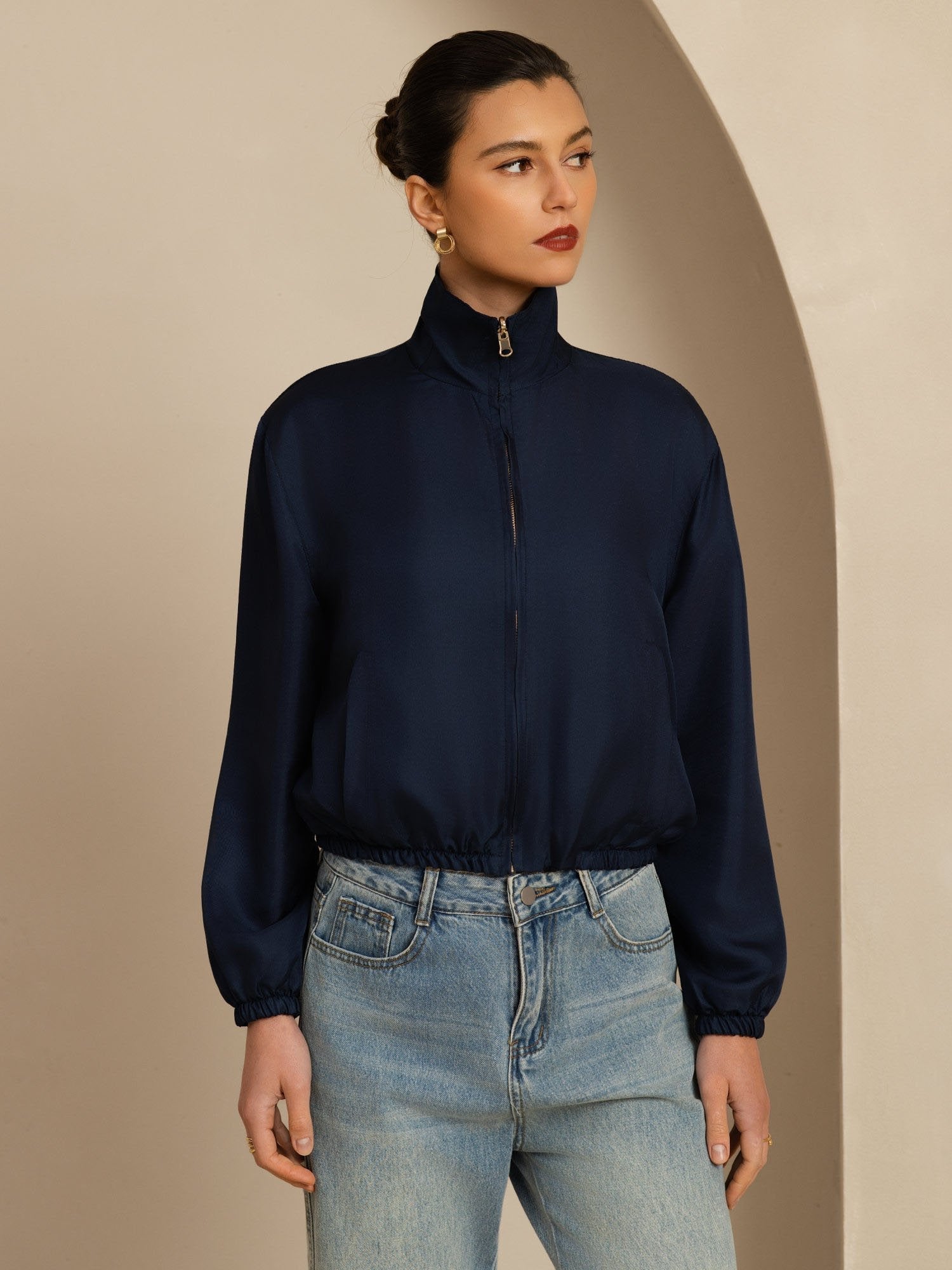 [Black+DarkBlue] SilkSilky-AU 18Momme Silk Satin Surah Long Sleeve Stand Collar Women's Outerwear 004