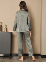 [Grayish Green] SilkSilky-AU Pure Silk Long Sleeve Notch Collar Women's Pyjamas 002