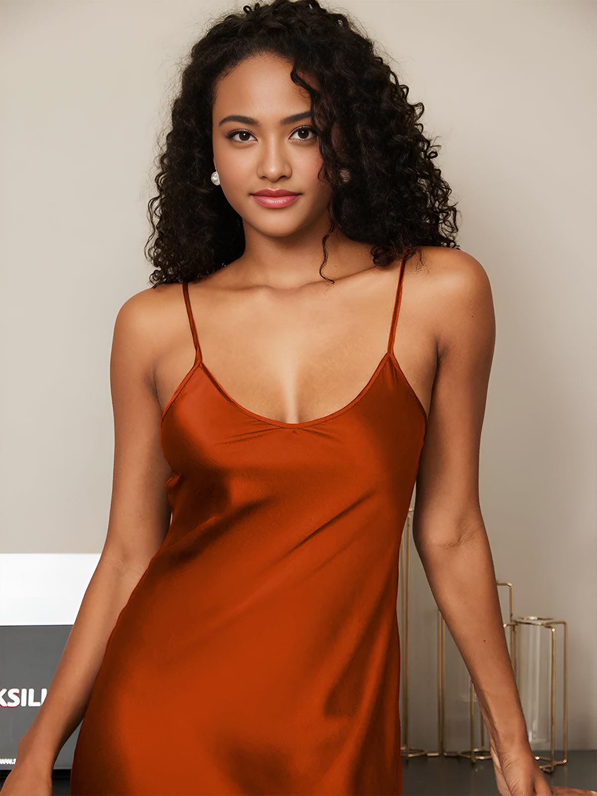 [Caramel] SilkSilky-AU Pure Silk Round Neck Dress 005,