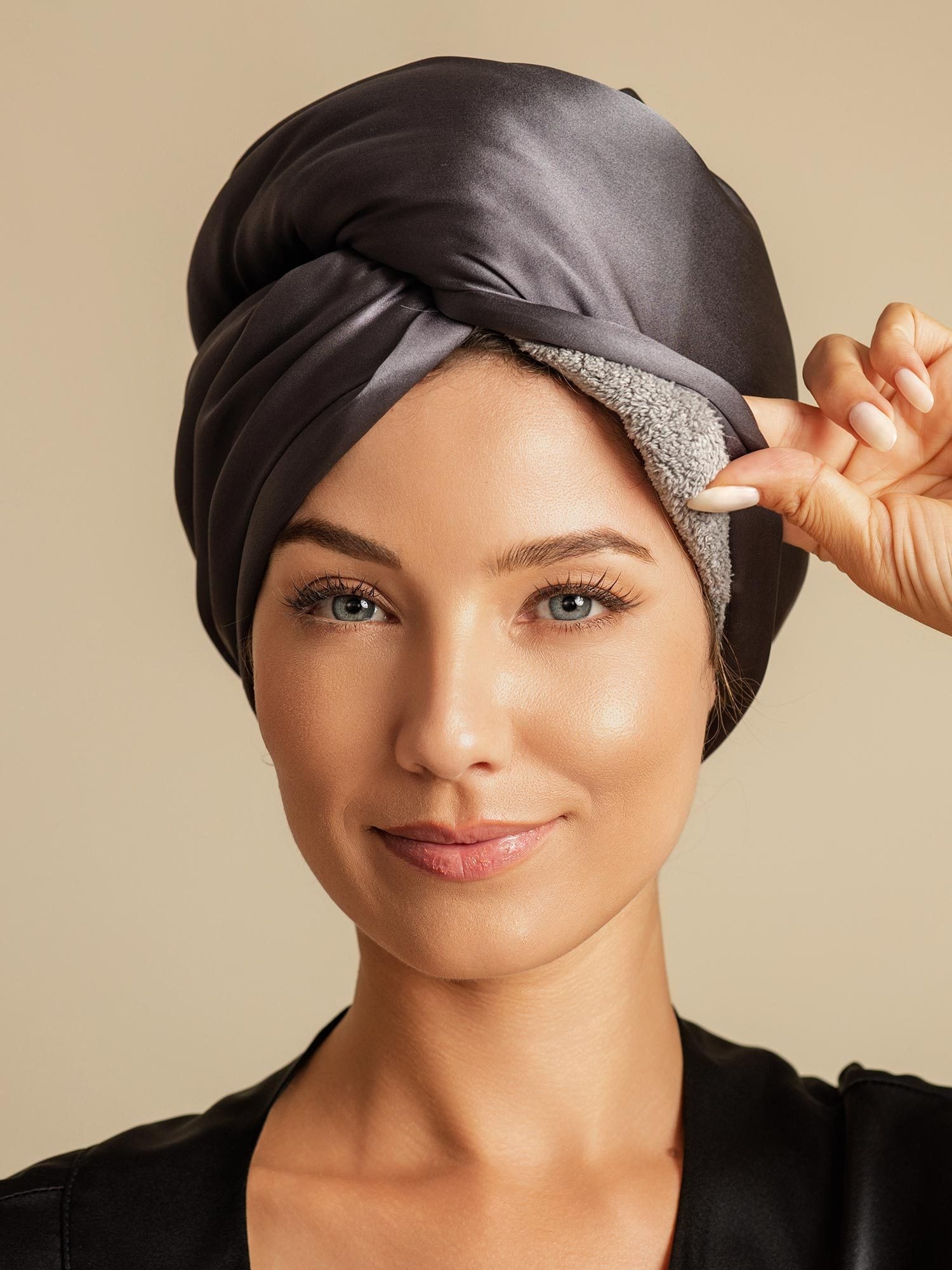 [Dark Gray] SilkSilky-AU Pure Silk Wrap Hair Towel Wrap 005,