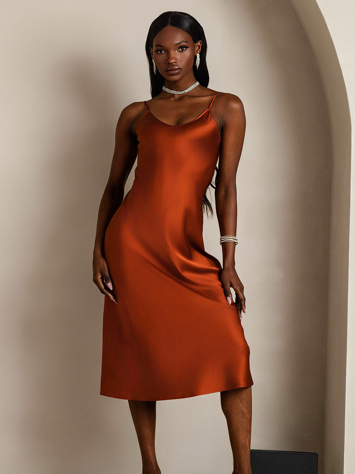 SilkSilky-AU Pure Silk Sleeveless Round Neck Dress Caramel 004