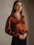 SilkSilky-AU Silk Long Sleeve Collar Women's Shirt Coffee 004