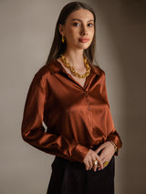 [Caramel] SilkSilky-AU Long Sleeve Lapel Collar Women's Shirt 003