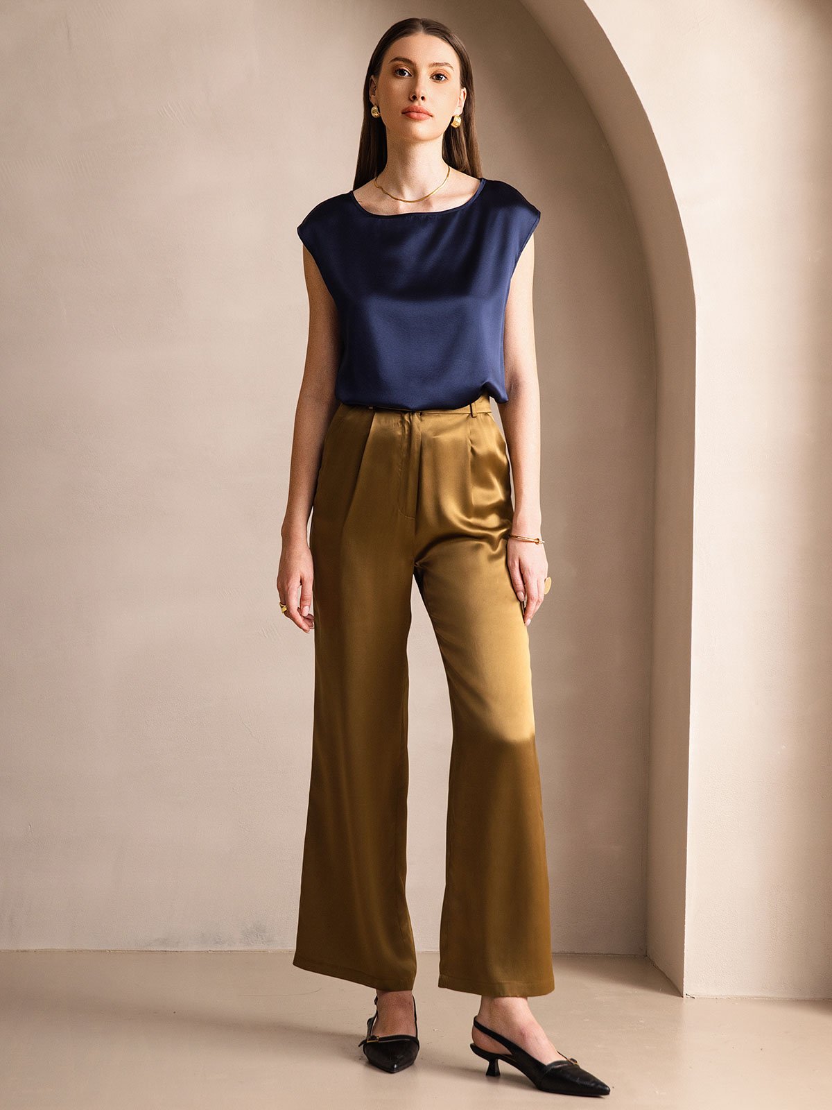 [Dark Blue] SilkSilky-AU 19Momme Stretch Silk Charmeuse Cap Sleeve Round Neck Women's T-Shirt 004