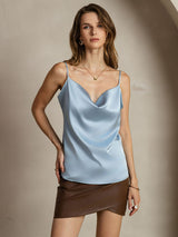 [Grayish Blue] SilkSilky-AU 19Momme Stretch Silk Charmeuse Spaghetti Strap Cowl Neck Camisole 001