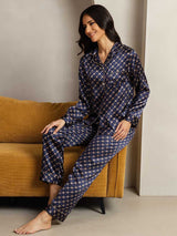 [Navy Chain] SilkSilky-AU Long Sleeve Lapel Collar Women's Pyjamas 004