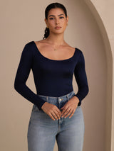 [Dark Blue] SilkSilky-AU Long Sleeve U Neck Women's T-Shirt 003