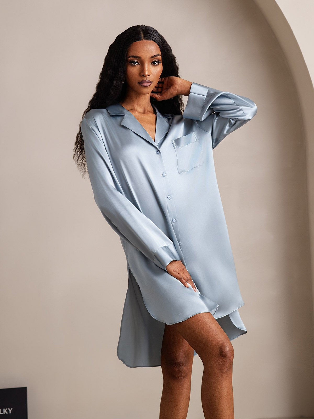 [GrayishBlue] SilkSilky-AU Pure Silk Lapel Collar Nightgown 007