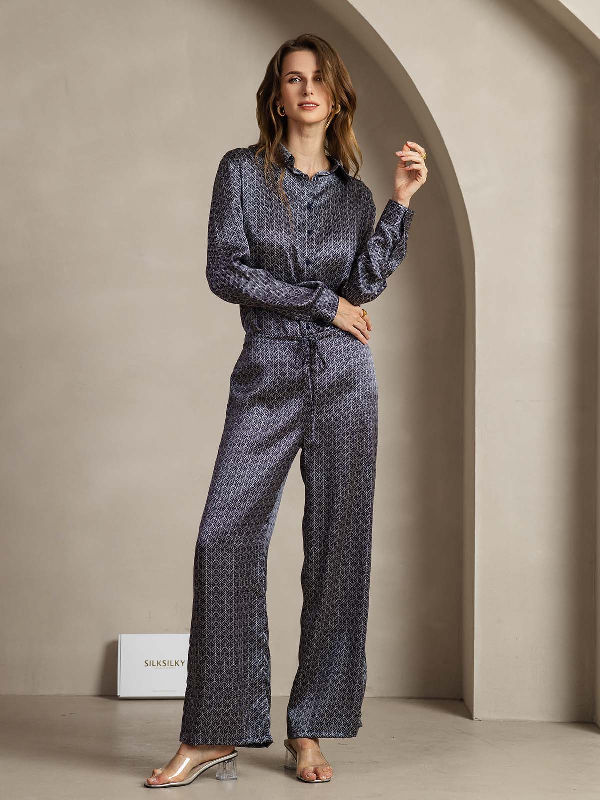 [Navy Ginkgo] SilkSilky-AU 19Momme Silk Womens Pants 003