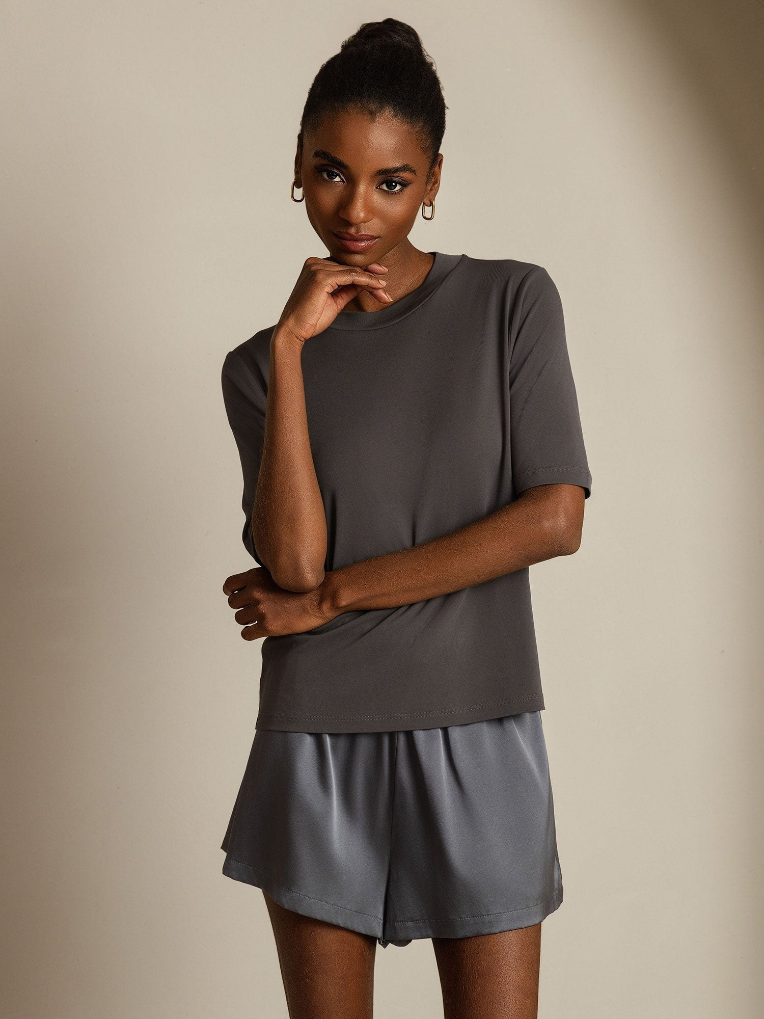 [Gray] SilkSilky-AU Pure Silk Round Neck Women's T-Shirt 005