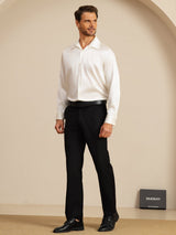 [White] SilkSilky-AU 19Momme Stretch Silk Charmeuse Long Sleeve Lapel Collar Men's Shirt 007