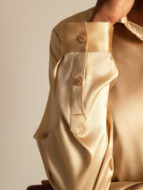 [Champagne] SilkSilky-AU 19Momme Stretch Silk Charmeuse Long Sleeve Lapel Collar Women's Shirt 007