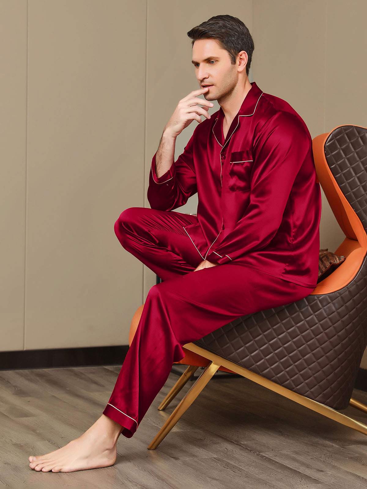 SilkSilky AU Pure Silk Long Sleeve Lapel Men's Pyjamas Wine 005