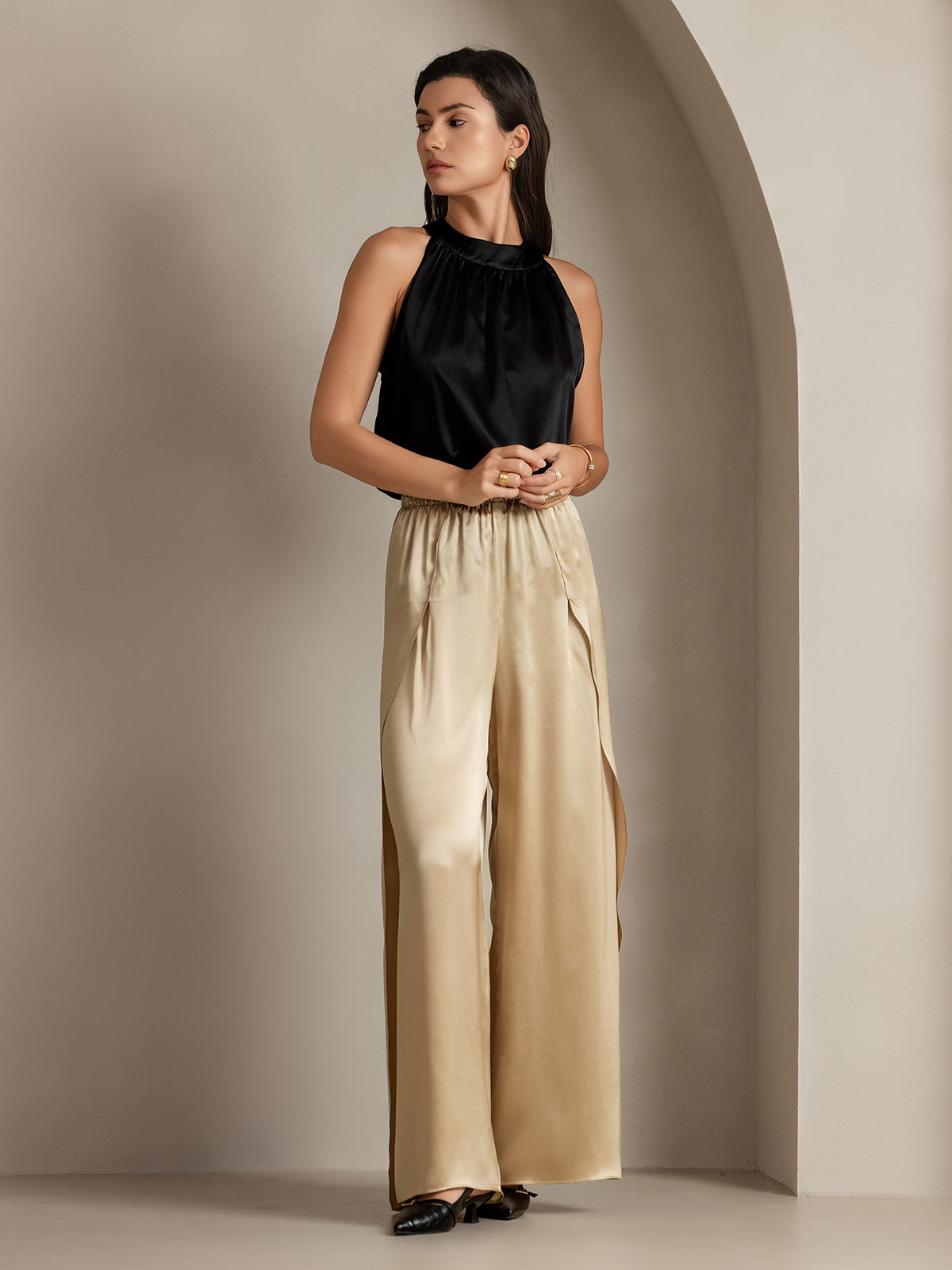 [Champagne] SilkSilky-AU 19Momme Silk Split Women's Pants 012