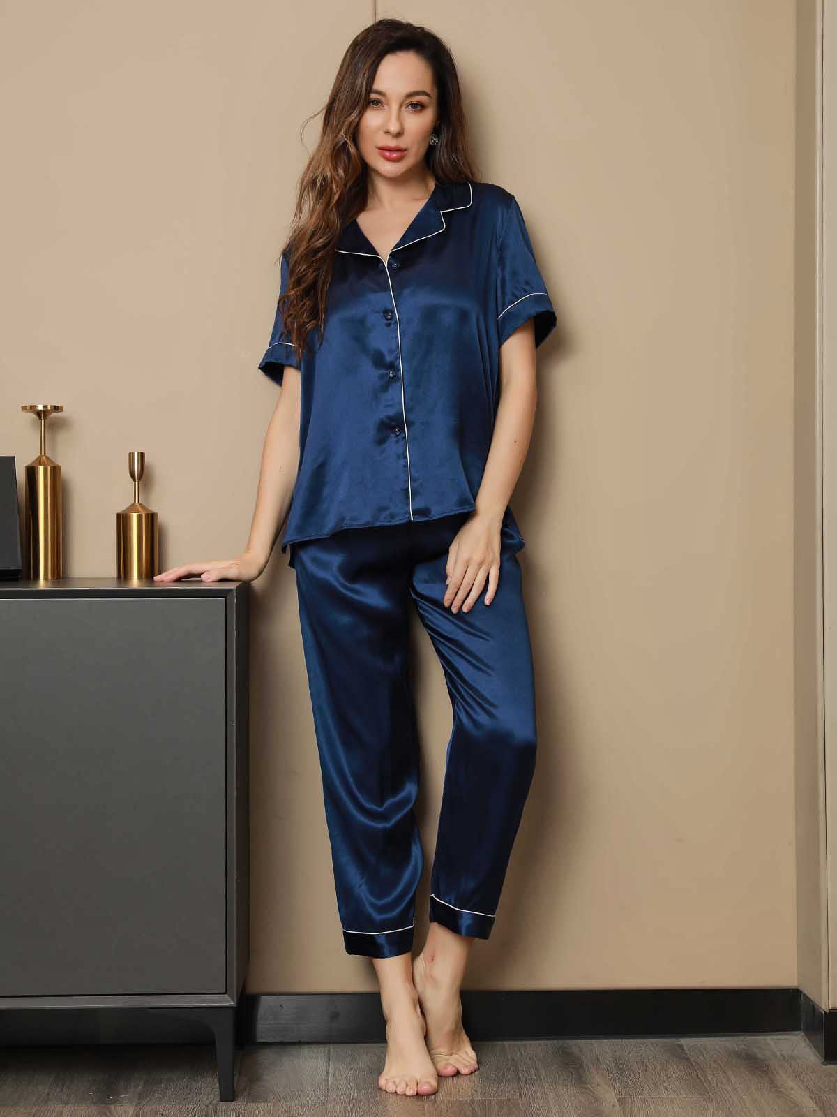 SilkSilky-AU Pure Silk Short Sleeve Lapel Women's Pyjamas DarkBlue 006