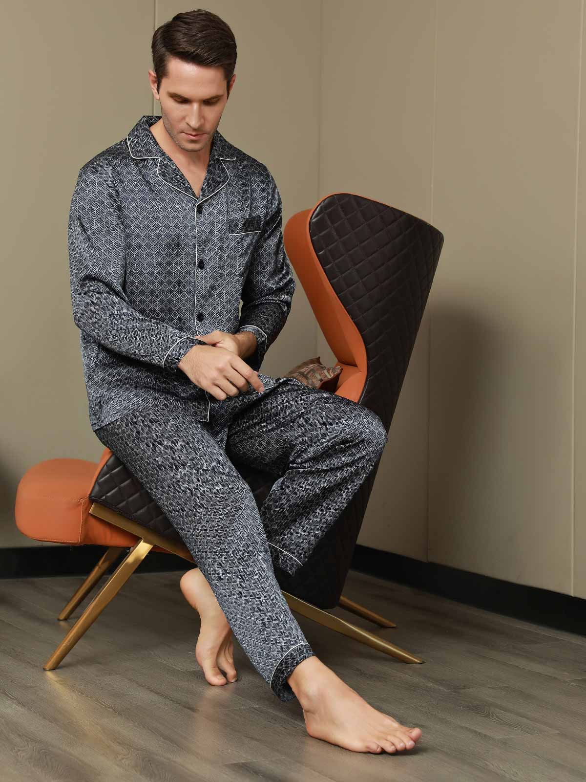 [Navy Ginkgo] SilkSilky-AU 19Momme Long Sleeve Notch Collar Men's Pyjamas 006