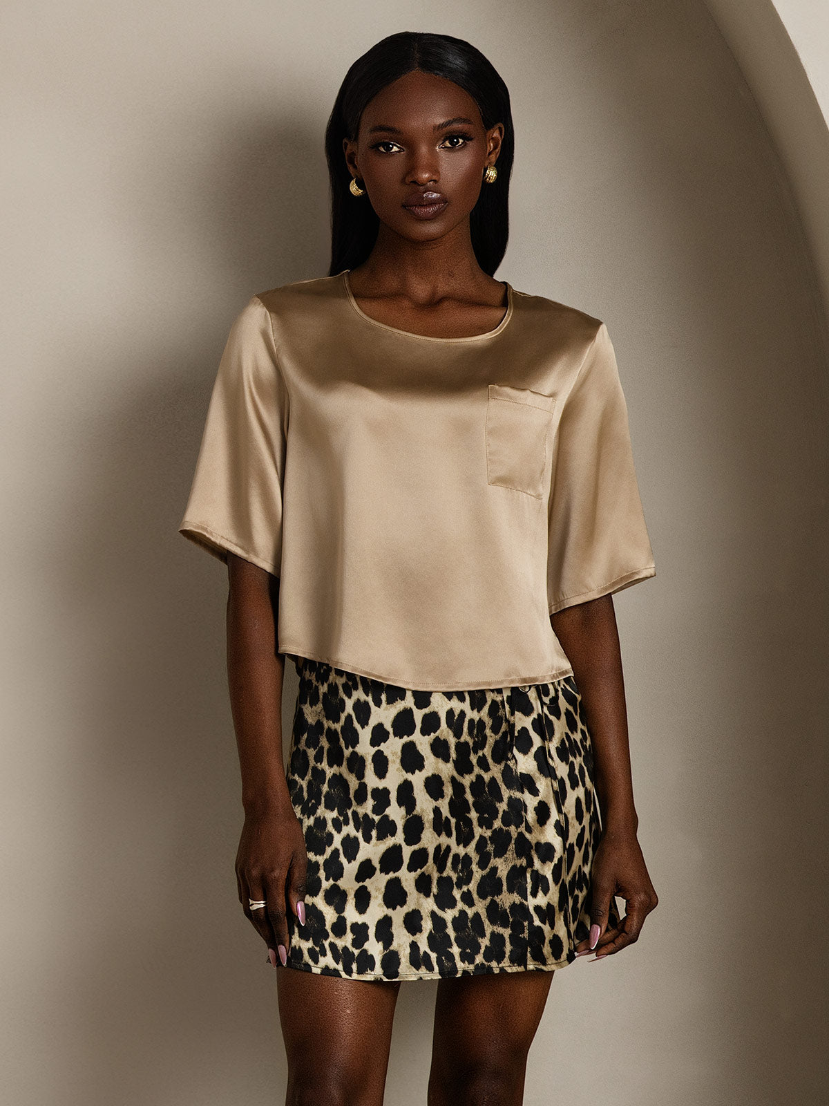 [Champagne] SilkSilky-AU Pure Silk Boat Neck Women's T-Shirt 005
