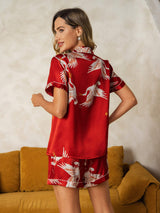 [Dark Red] SilkSilky-AU Short Sleeve Lapel Collar Women's Pyjamas 003